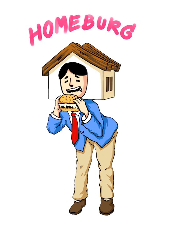 The Homeburg mascot: a figure with a house for a head, eating a burger.